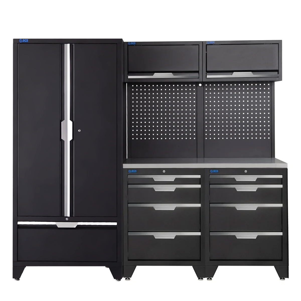 SGS 7pc Garage Storage System | 8 Drawers | Stainless Steel Worktop | 2x Upper Cabinets | Tall Double Cabinet with Drawer